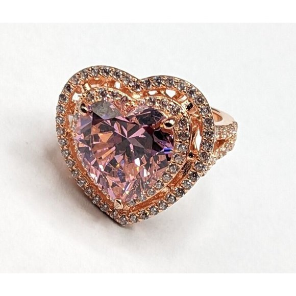 Designer Signed W Sterling Silver 925 Rose Gold Plated Pink Heart Halo Ring Sz 6 - Picture 1 of 12